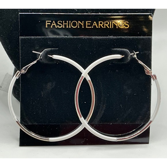 New Fashion Earrings 2" Hoop White Silver Tone Large Women's Jewelry - Picture 3 of 3